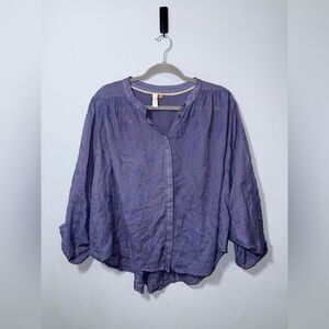 Pilcro for Anthropologie “Blurple” Sheer Oversized Boxy Embroidered Button Top
